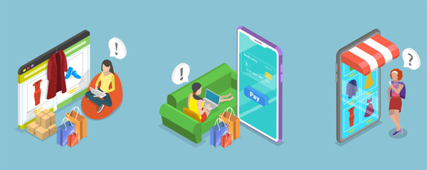 3D Isometric Flat Vector Illustration of E-commerce Advertising, Mobile Shopping