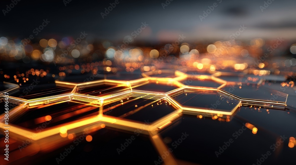 Poster Geometric Growth Visualization A striking image of interlocking hexagons illuminated with pulsating light embodying the core components of cuttingedge technology that enhance sustainable