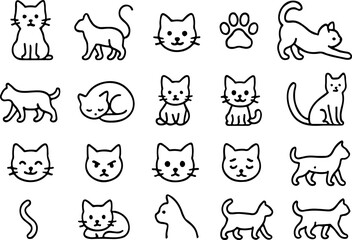 Fototapeta premium Collection of simple black and white line art icons featuring various adorable cat poses and expressions for graphic design and illustration projects