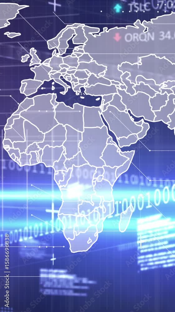 Poster animation of world map, data processing and lights on violet background