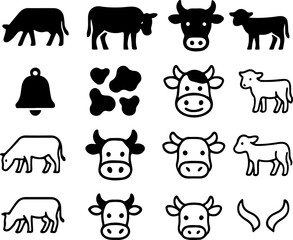 Obraz premium Collection of stylized black and white icons representing cows calves cow spots and a cowbell perfect for farm or livestock related designs