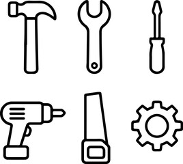 Fototapeta premium Collection of six essential hand and power tools depicted as clean white line art icons on a transparent background for diy and construction projects