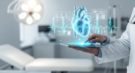Medical professional examining a holographic heart model with digital data on a tablet.