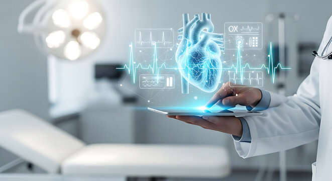 Medical professional examining a holographic heart model with digital data on a tablet. - Powered by Adobe