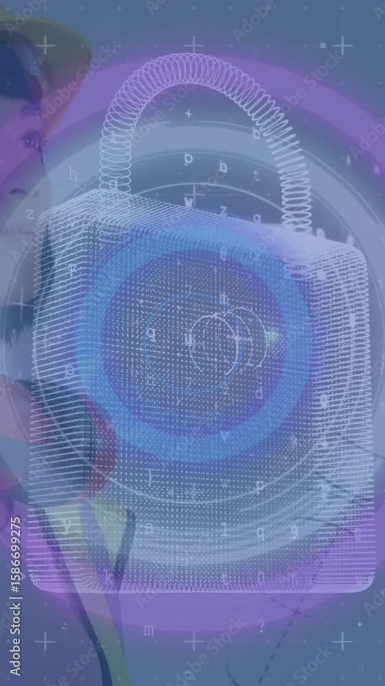 Poster animation of scope scanning with data processing and padlock icon over caucasian female worker