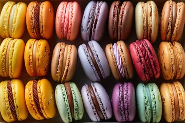 Colorful French macarons in stacked rows on dark background