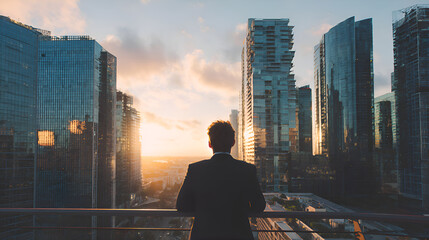 Plakat Businessman watching golden sunset over modern city skyline