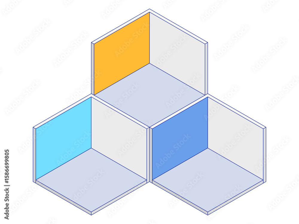 Poster isometric empty room abstract cubic structure set with colored walls. interior layout design for spa