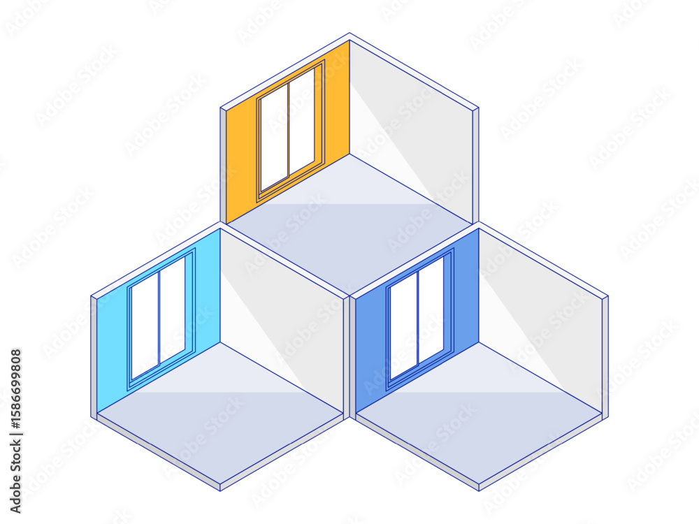 Poster isometric room model with three interconnecting spaces, each featuring a window. blueprint concept f
