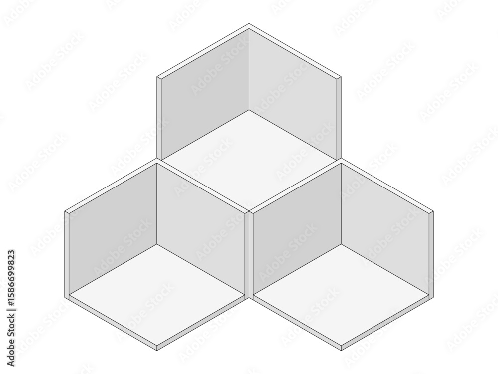 Poster isometric room model with three intersecting empty cuboid spaces. minimalist interior design for arc