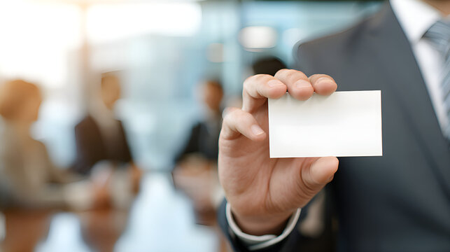 Businessman showing blank business card in office meeting