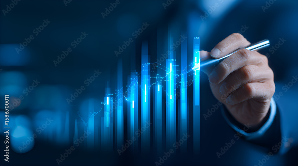 Poster businessman analyzing increasing statistics graph with pen on virtual screen