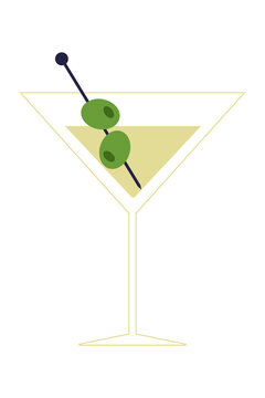 Elegant vector illustration of a classic martini cocktail glass with two green olives on a skewer. High-resolution PNG perfect for bar menus, cocktail party invitations or mixology designs