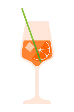 Flat vector illustration of an orange cocktail with ice, citrus slice, and straw in a wine glass. Summer drink, aperitif, or mocktail. Isolated PNG for food, drink, and party designs