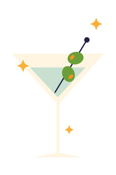 Flat vector illustration of a classic martini glass with green olives on a cocktail stick. Elegant drink for bar, party, nightlife, or mixology designs. Isolated PNG on transparent background