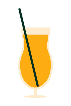 Illustration of hurricane glass with orange tropical drink, juice and green straw on isolated background. Modern flat design cocktail icon for bar, restaurant, summer party designs. High-res PNG