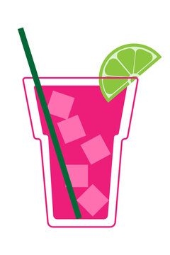 Colorful pink cocktail vector illustration with lime garnish, ice cubes and green straw on isolated background. Modern flat design summer drink icon for bar, restaurant, party designs