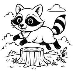 Raccoon Leaping Over Stump Cartoon Illustration, Adorable Raccoon in Mid-Air Over Wood Stump Line Art