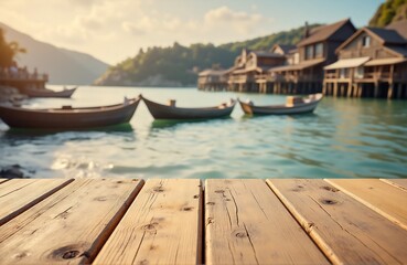 Obraz premium Matte bamboo wood surface with blurred coastal fishing village and moored boats, soft afternoon light and rustic ocean backdrop for seafood or travel editorial visuals
