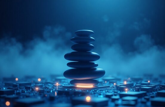 Floating stack of smooth zen stones over glowing digital circuit board, conceptual tech fusion image for digital mindfulness visuals
