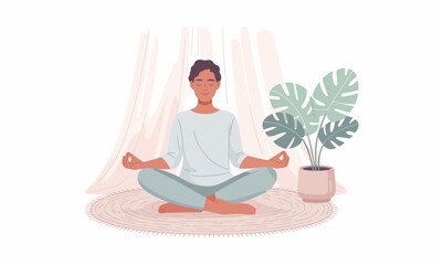 Obraz premium A person sits in a lotus position on a round rug, meditating near a potted monstera plant and a sheer curtain.
