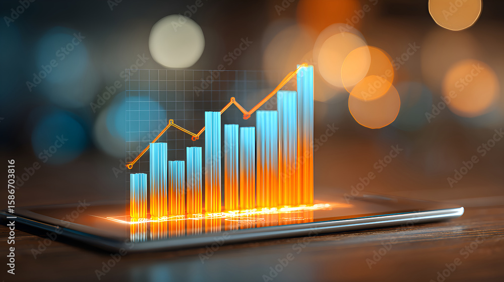Poster growing bar graph displaying increasing statistics on tablet screen