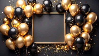 Gold and black balloons framing a dark board