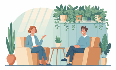 Fototapeta premium Illustration of a woman therapist in consultation with a male patient in a room filled with plants.