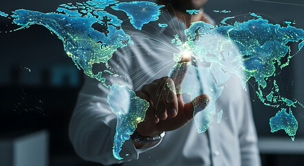 Person interacts with a digital world map, highlighting a specific location, showcasing global connectivity and interaction.