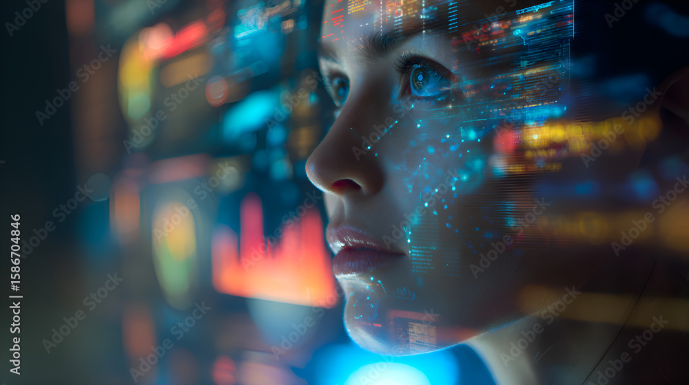 Poster businesswoman analyzing data flow using futuristic interface in big data center