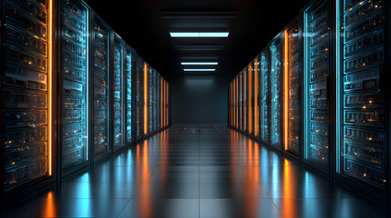 Fototapeta premium Server room with orange and blue lights illuminating corridor