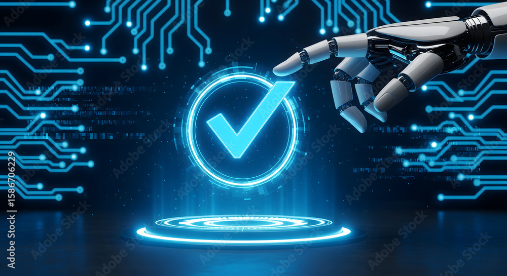 Poster a sleek robotic hand touches a glowing blue checkmark icon with a circuit board background, symboliz