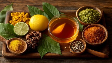 Liver detox and herbal medicine concept natural remedy ingredients surrounding glowing liver icon wooden table warm tones top-down flat lay