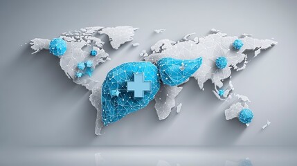 World Hepatitis Day awareness poster with liver icon and medical cross, global map background, clean blue and white theme, modern flat design, professional healthcare infographic vector