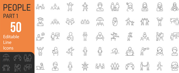 Collection Of Modern Editable Thin Stroke Line Style Basic People Icons Set Related Men, Women, Children, Seniors, Family, Team And More On An Isolated Background
