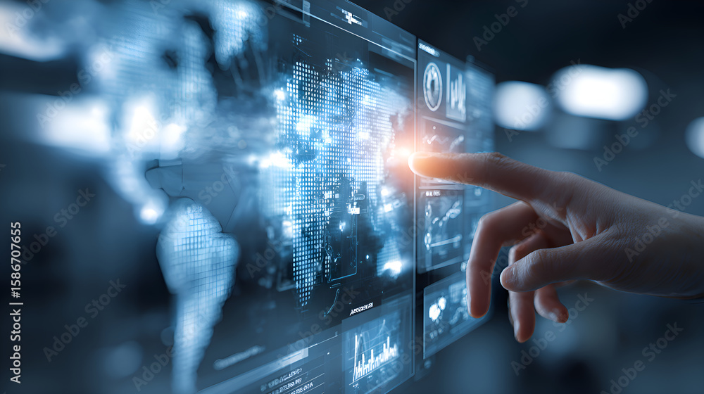 Aufkleber businessman navigating interactive world map and analyzing financial data on futuristic digital inte