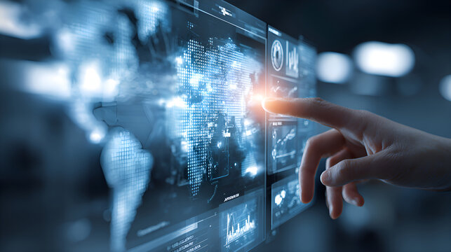 Businessman navigating interactive world map and analyzing financial data on futuristic digital interface