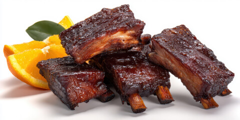Medium rare grilled pork ribs with orange on a white background