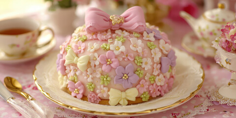 A beautiful cake for the birthday with delicate pink flowers, decorated with cute bows in light pastel colors