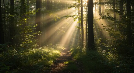 Obraz premium Sunlight streams through a dense forest, illuminating a path and the surrounding trees.