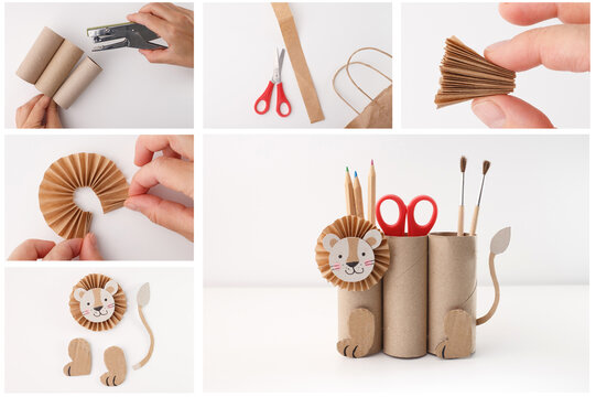 Step-by-step craft tutorial for making a lion-themed desk organizer using cardboard tubes and paper. DIY eco-friendly stationery holder made from recycled materials. Children craft project