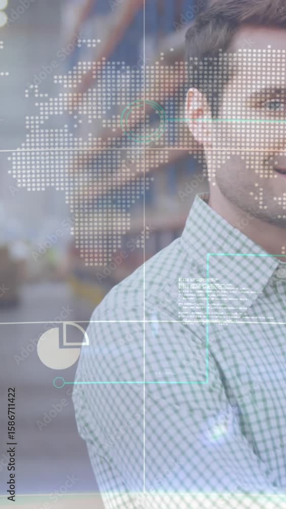Poster animation of data processing with world map over diverse workers in warehouse