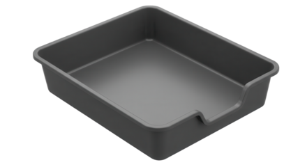 Gray plastic baking tray with a low edge and a side handle  