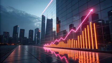 Futuristic Cityscape with Glowing Financial Growth Chart, Neon Pink and Orange Tones Photo