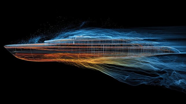 A crosssectional view of a ships structure showcasing the integration of advanced fins with dynamic fluid simulations overlay demonstrating how water interacts with the fins during