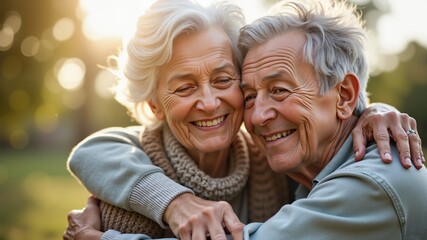 Elderly couple hugging and spending time together, happy senior pensioners enjoying lifestyle caring for each other and smiling
