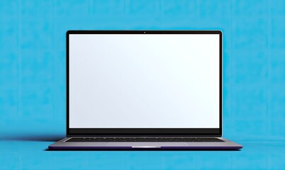 Laptop, blank screen, blue background, studio shot, website mockup