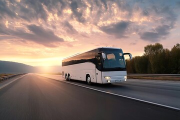 Obraz premium Long-Distance Travel Bus Driving on Open Highway at Sunset