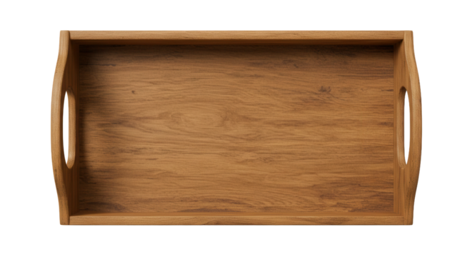 Wooden serving tray with handles in natural finish, concept of transparent background png  