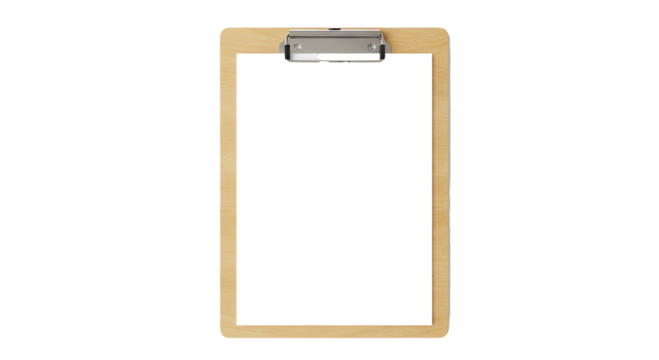 Wooden clipboard with metal clip and blank space for notes  